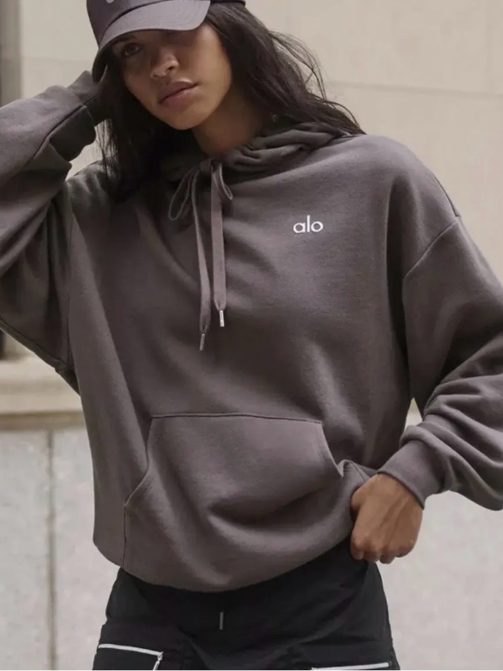 ALO Yoga Charcoal Gray Logo Hoodie Sweatshirt